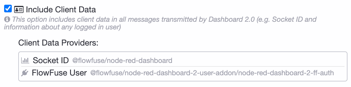 Screenshot showing "FlowFuse User" being appended to _client by the FlowFuse User Addon