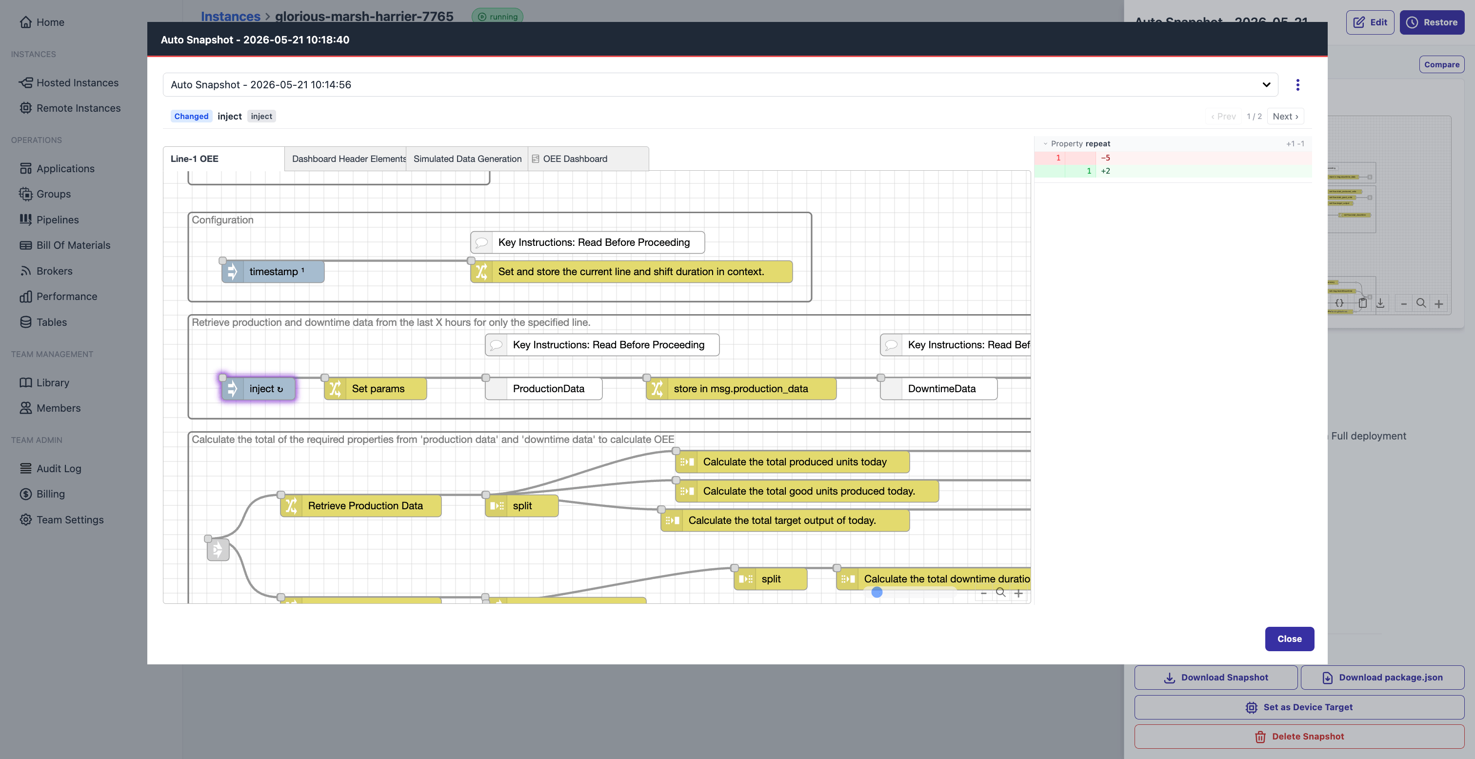 FlowFuse snapshot diff showing modified node properties with changed configuration values highlighted between two snapshots