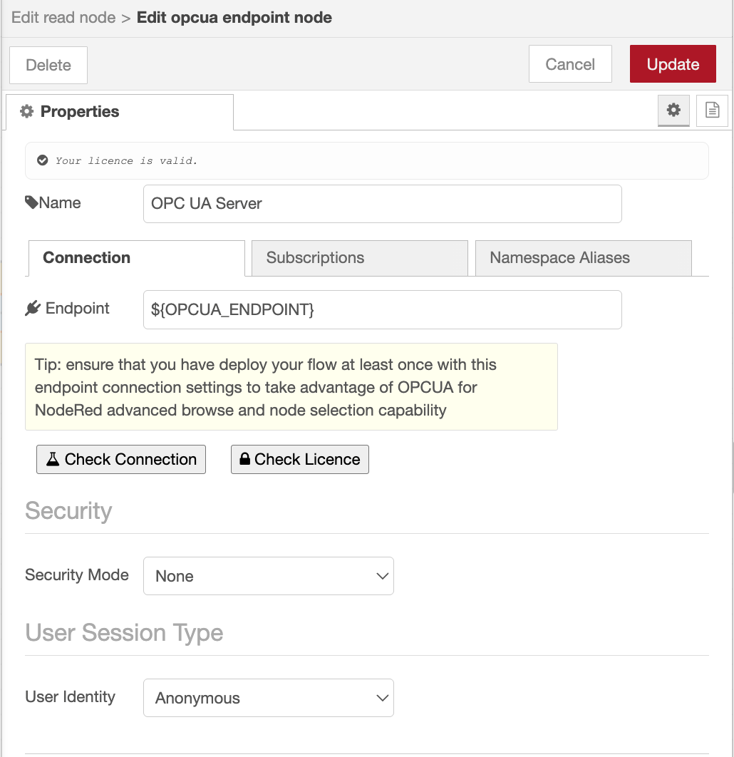 The OPC UA endpoint configuration dialog with URL, Security Policy, and Security Mode fields