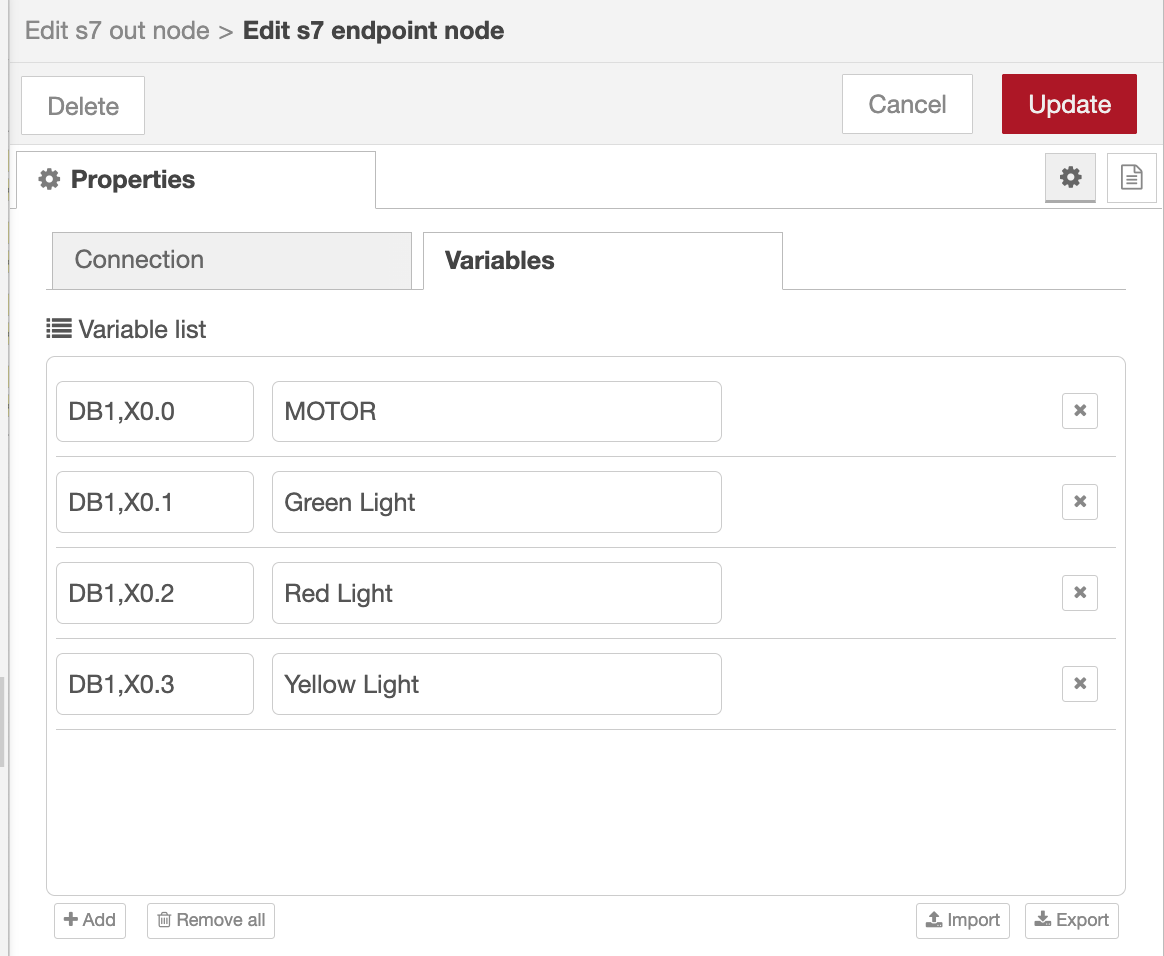 S7 Endpoint Variables tab listing Motor, Red Light, Yellow Light, and Green Light with their data block addresses