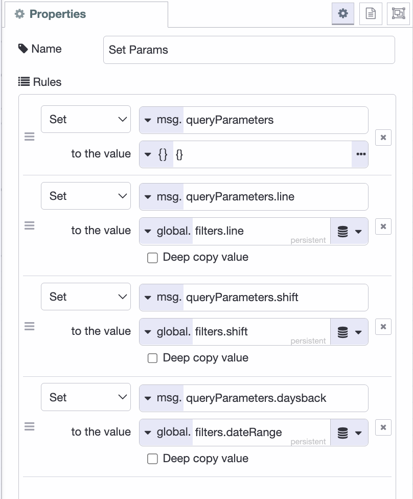 Screenshot: Set Params change node with its four rules