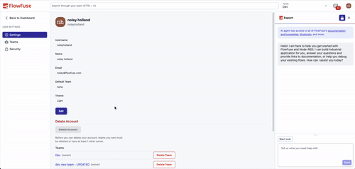 FlowFuse in dark mode, showing the Theme setting under User Settings