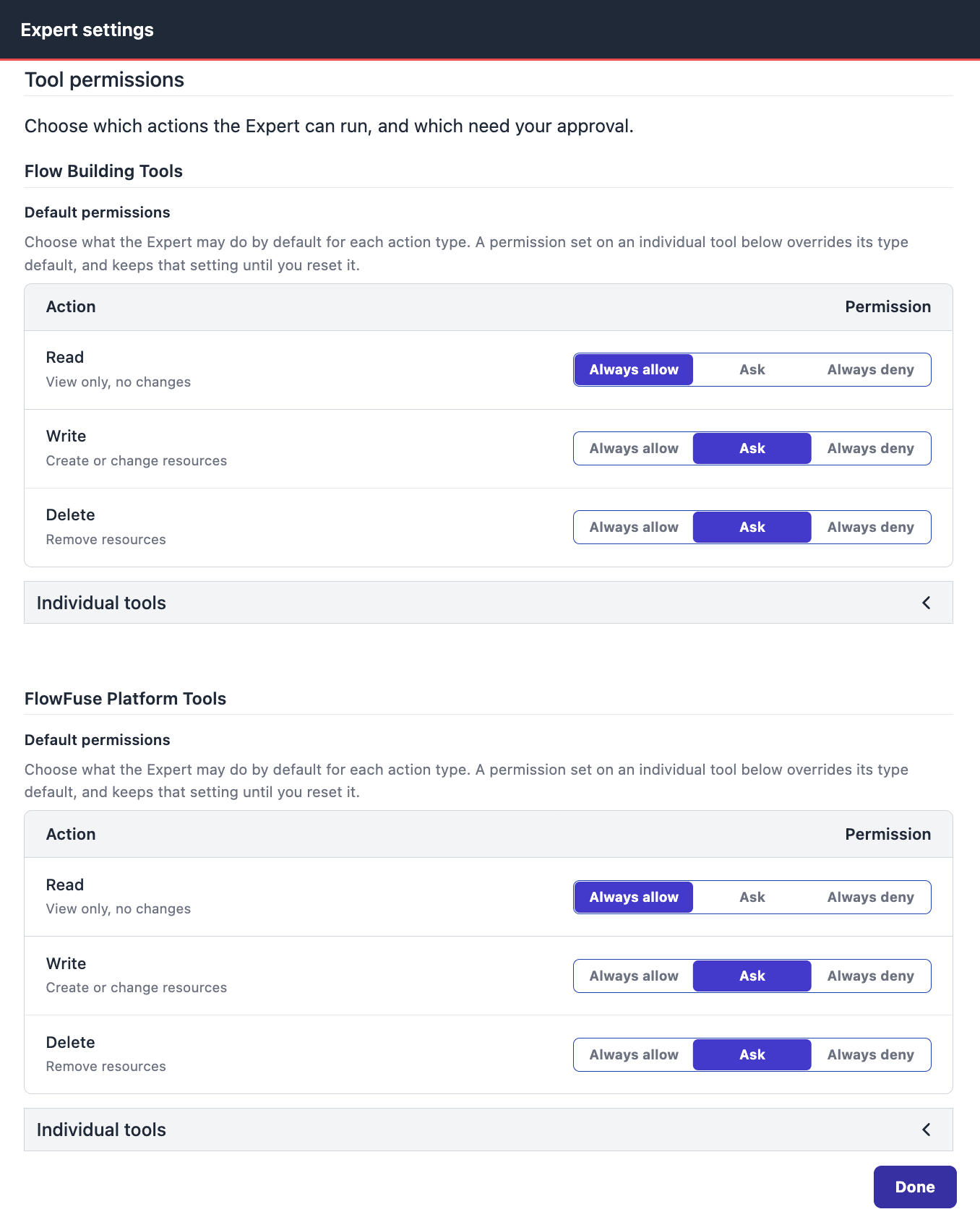 The Tool permissions panel in Expert settings, with default Read, Write, and Delete permissions for flow building and platform tools
