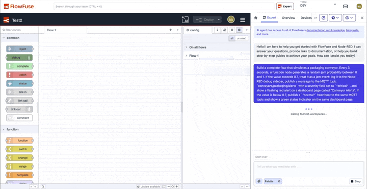 FlowFuse Expert building and configuring a flow directly on the Node-RED canvas