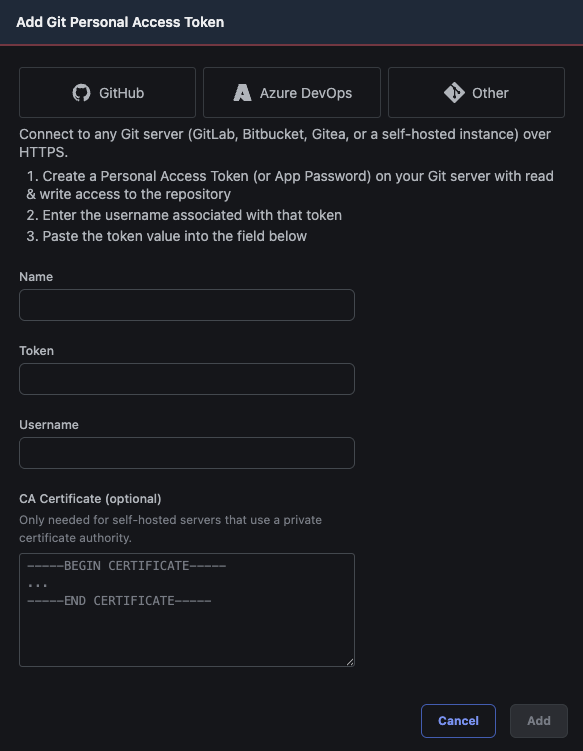 Add Git Personal Access Token popup with tabs for GitHub, Azure DevOps, and Other providers