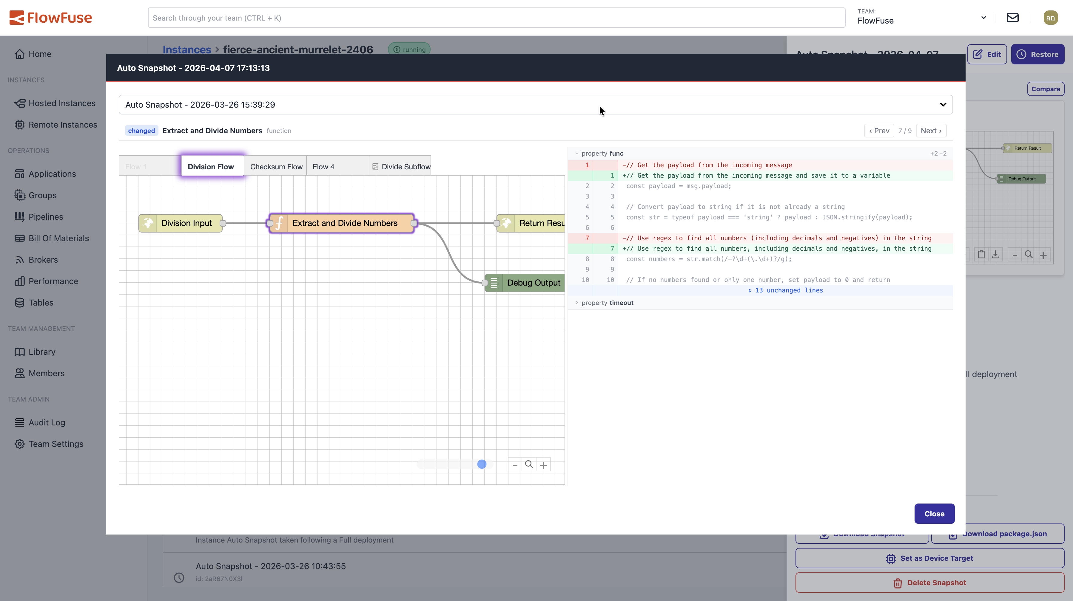 Screenshot showing a code diff for a function node with red and green line-level changes