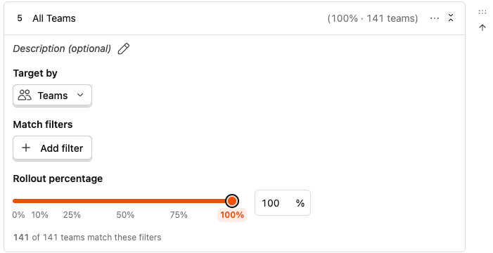 Configuring the release condition set to target teams at 100%