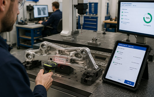 Operator scanning a machined aerospace component while inspection data is captured during production