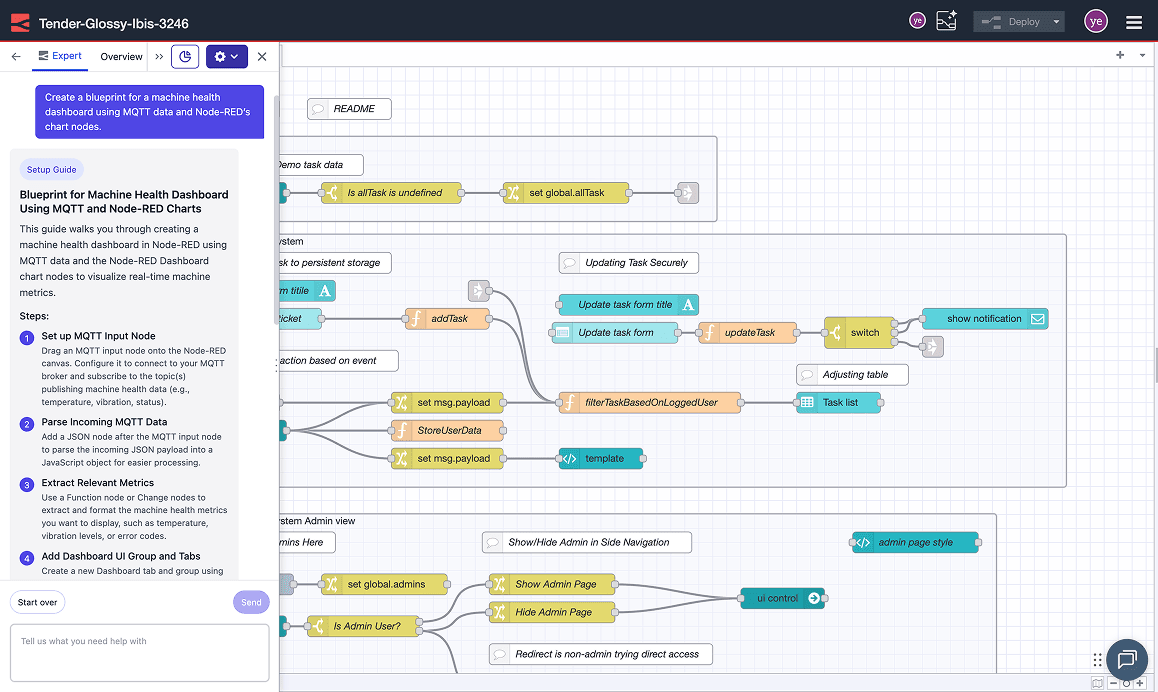 FlowFuse Expert showing AI-generated flow suggestions