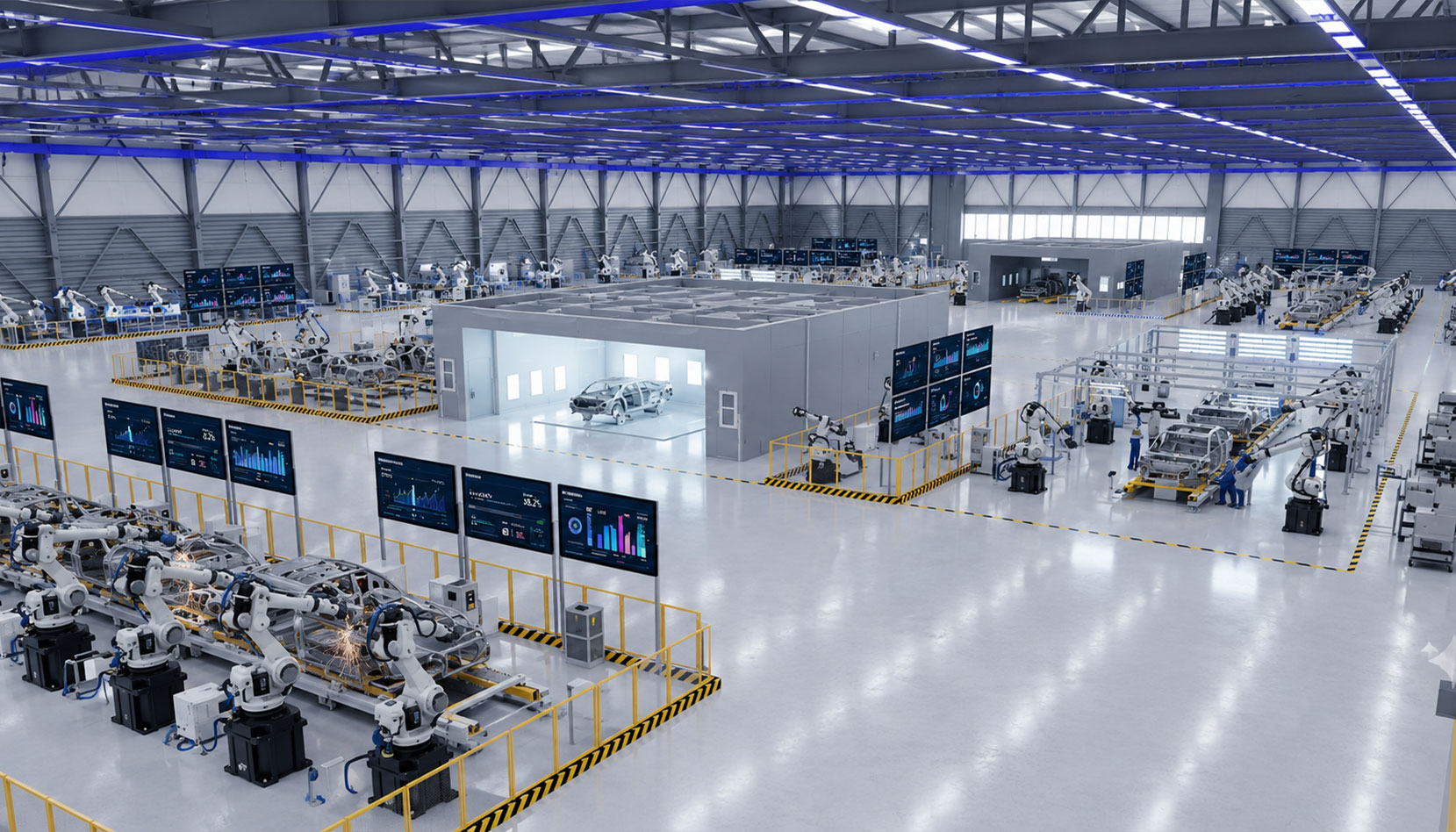 Aerial view of an automotive manufacturing plant floor