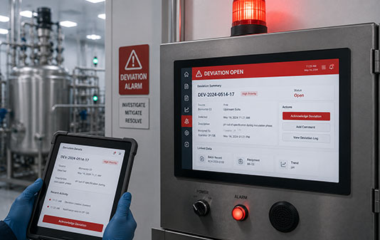 Deviation management and CAPA workflow displayed on an industrial control panel in a GMP biopharmaceutical manufacturing facility.
