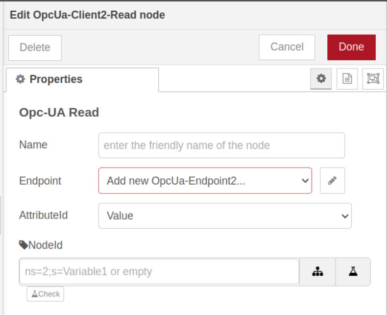 The Read node configuration "The Read node configuration with endpoint, AttributeId, and NodeId fields"