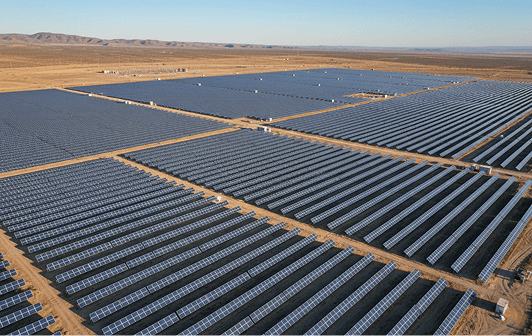 Large solar farm with rows of panels stretching across the landscape.