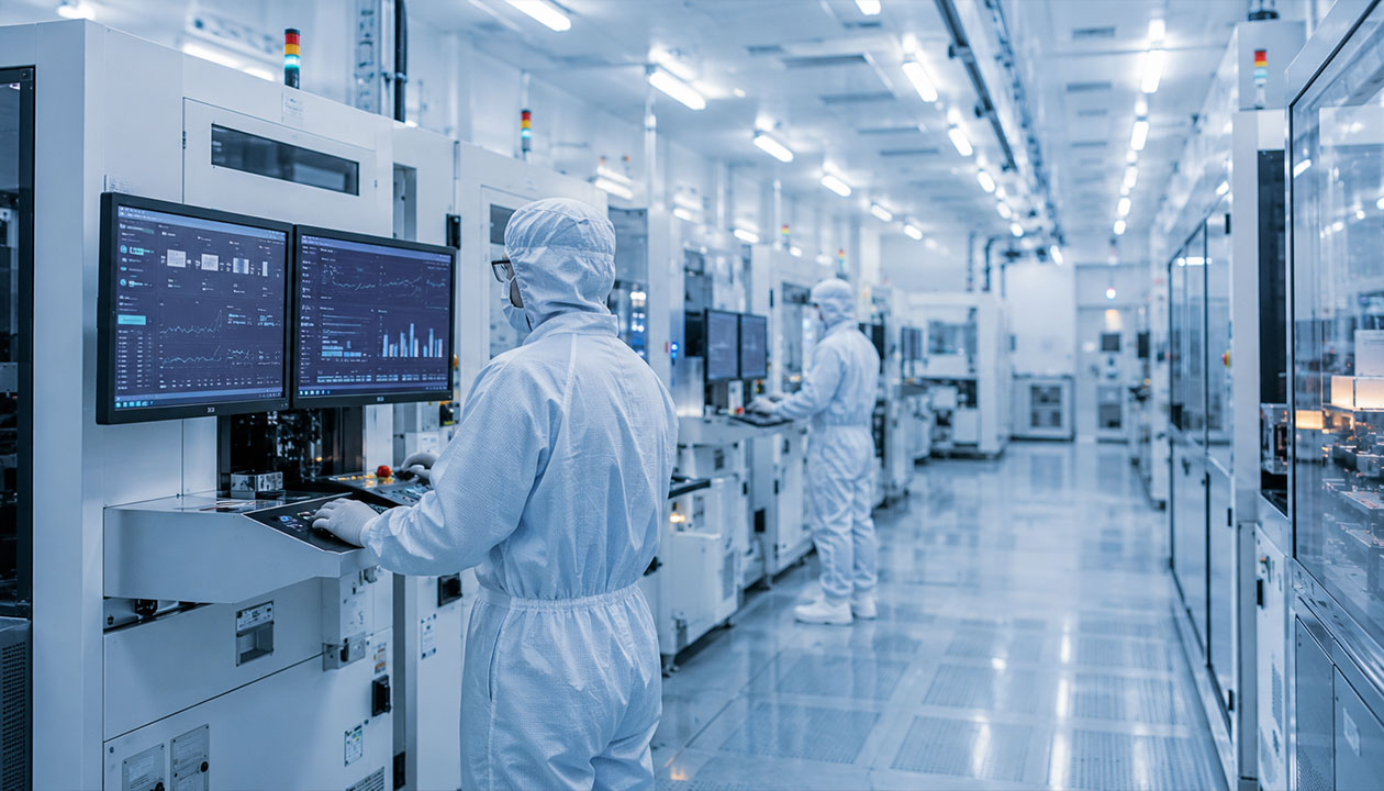 Engineers monitoring semiconductor manufacturing equipment in a cleanroom production facility